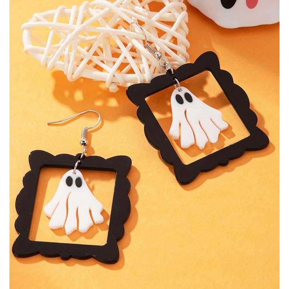 Halloween Ghost in Ornate Frame Acrylic Drop Dangle Earrings Black White Spooky